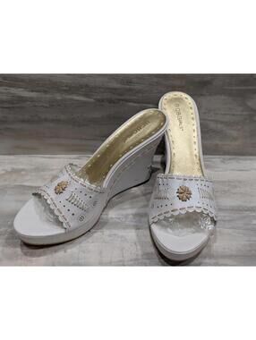 BCBGirls White Wedge Sandals with Decorative Cutouts Sz 11B